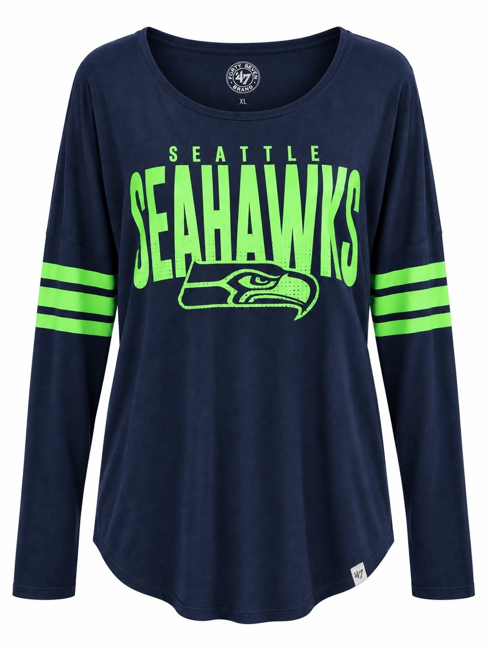 47 Women's Seattle Seahawks Navy Long Sleeve Tee with Neon Green Logo NWOT
